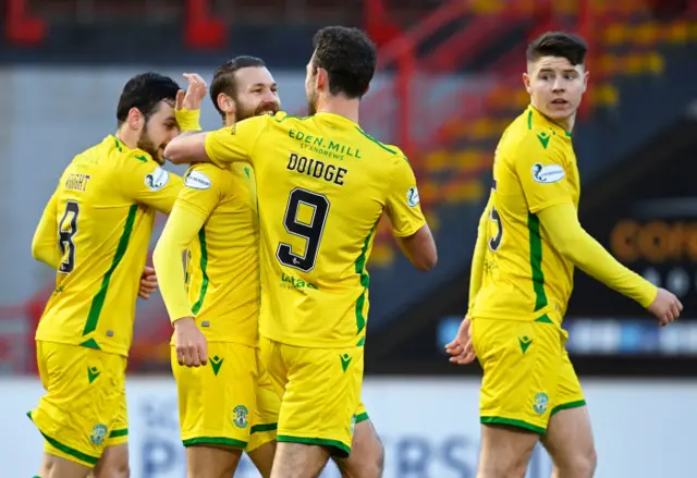 Hibs celebrate Martin Boyle's spot kick against Hamilton Accies