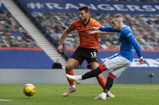 Ryan Kent scores against Dundee United at Ibrox