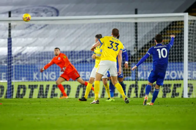 James Maddison scores his second goal against Brighton