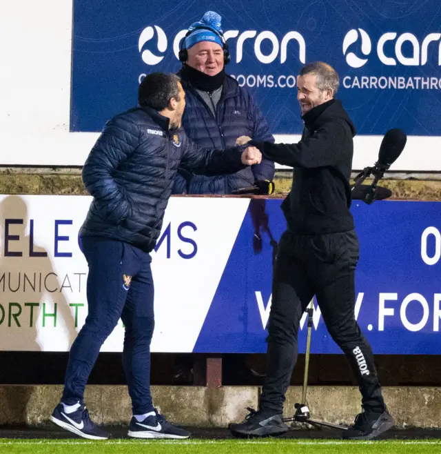 Callum Davidson and Stevie Crawford share a joke with BBC Scotland's Brian McLauchlin