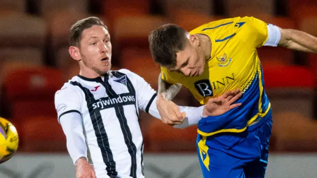 St Johnstone's Jason Kerr (right) wins a header under pressure from Dunfermline's Declan McManus