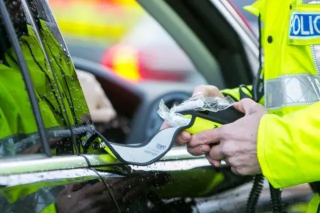 Policeman with breathalyzer