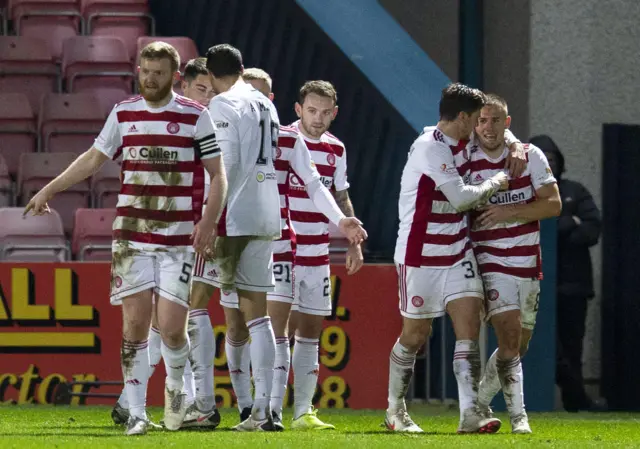 Hamilton players celebrate the first goal