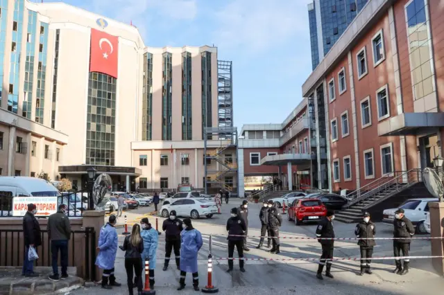 Police cordon off the area in front of the privately-run Sanko University Hospital in Gaziantep