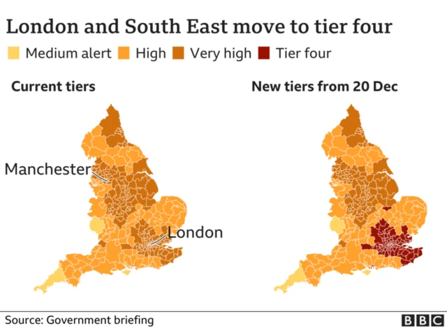 Graphic of which areas of England are in tier four