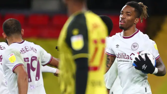 Ivan Toney celebrates a goal for Brentford versus Watford in midweek