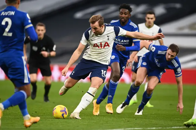 Tottenham's Harry Kane shoots against Leicester