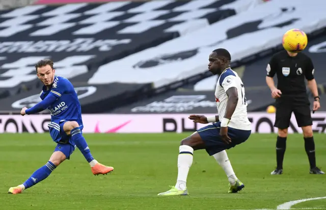 Leicester's James Maddison shoots over the bar against Tottenham