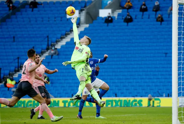 Sheffield United's Aaron Ramsdale misjudges a cross against Brighton