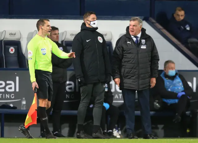 West Brom manager Sam Allardyce shouts at the officials