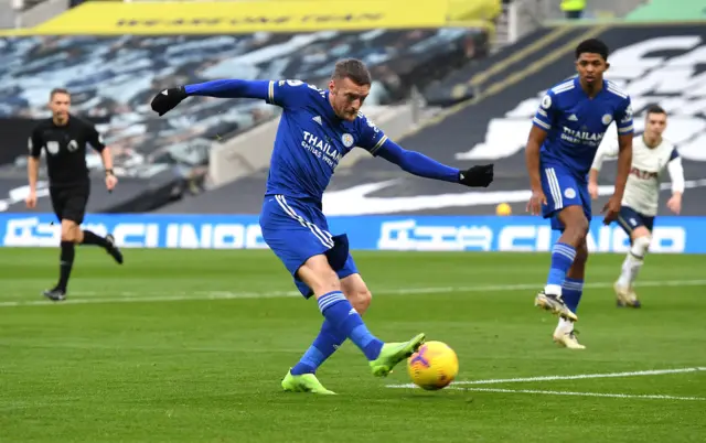 Leicester's Jamie Vardy shoots against Tottenham