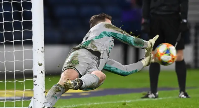 Celtic goalkeeper Conor Hazard stops Craig Wighton's penalty kick