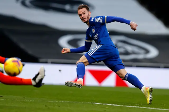 Leicester's James Maddison slots past Tottenham's Hugo Llloris