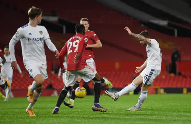 Leeds' Stuart Dallas scores against Manchester United