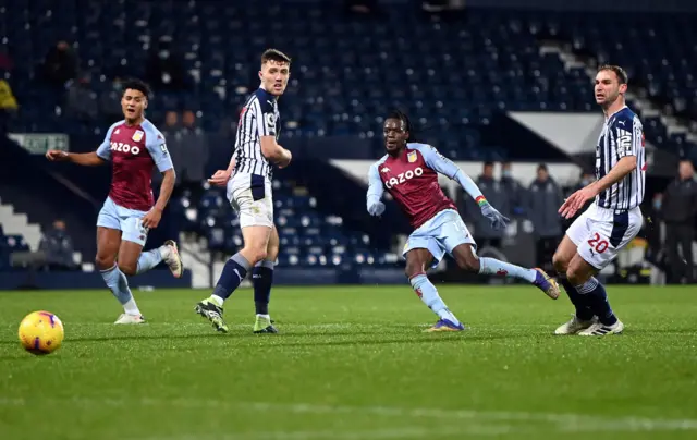 Aston Villa's striker Bertrand Traore (2R) scores the second goal during the English Premier League football match between West Bromwich Albion and Aston Villa at The Hawthorns stadium