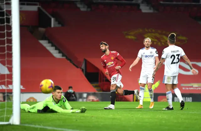 Man Utd's Bruno Fernandes scores their first goal against Leeds