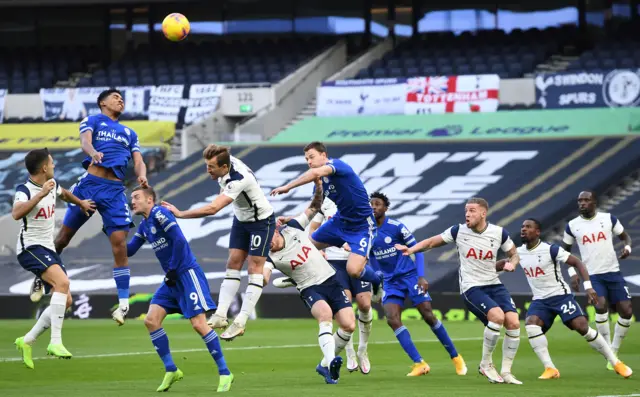 Leicester's Wesley Fofana heads over against Tottenham