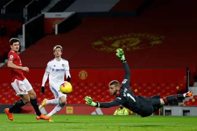 Leeds United's Patrick Bamford shoots wide against Manchester United