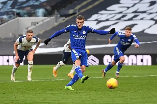 Leicester's Jamie Vardy scores from the penalty spot against Tottenham