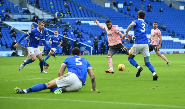 Jayden Bogle scores for Sheffield United against Brighton