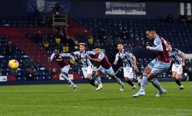 Aston Villa's Anwar El Ghazi scores this third goal against West Brom