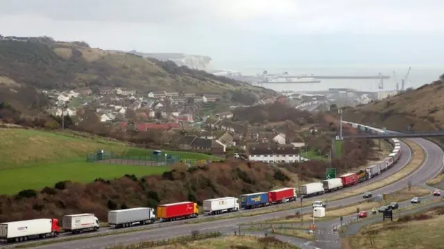 Lorries queuing near the port of Dover in south-eastern England