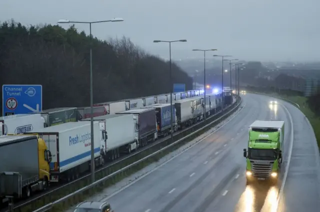 Lorries parked on the M20 near Folkestone, Kent after the Port of Dover was closed