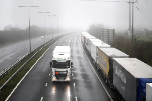 A line of trucks along the M20 motorway in Kent