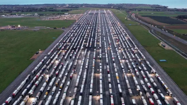 Lorries parked at Manston Airport in Kent on Tuesday night