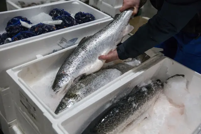 A customer inspects a salmon at the Glasgow Fish Market at Blochairn, Glasgow, Scotland