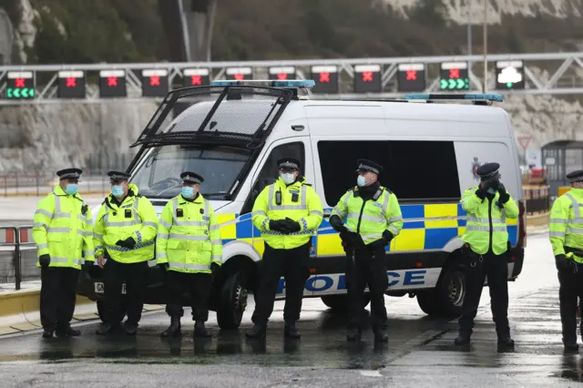 Police block the exit from the Port of Dover in Kent