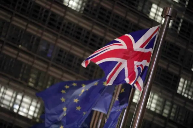 Flags outside Headquarters of the European Commission in Brussels,