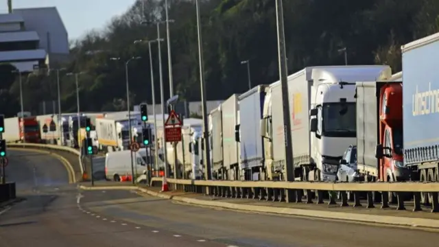 Freight lorries queue to enter the Port of Dover, Kent,