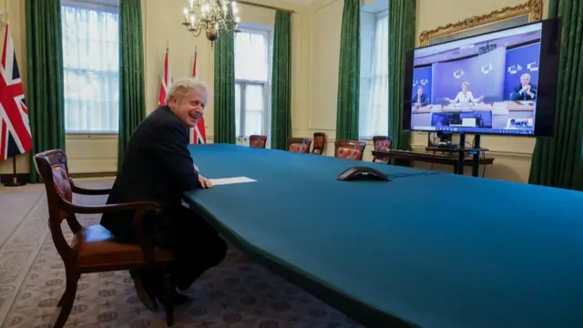 Boris Johnson speaks to Eu President. The Prime Minister Boris Johnson speaks to President of the European Commission Ursula von der Leyen via video link from the Cabinet room after completing the Brexit deal Picture by Andrew Parsons / No 10 Downing Street