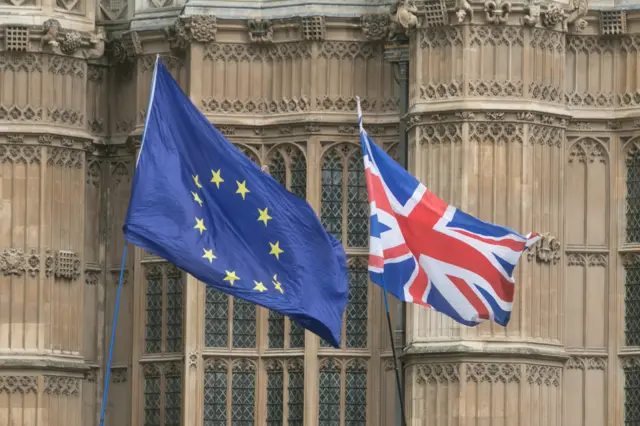 EU and UK flags outside the Houses of Parliament