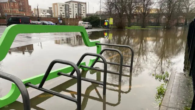 Flooded car park in Worcester