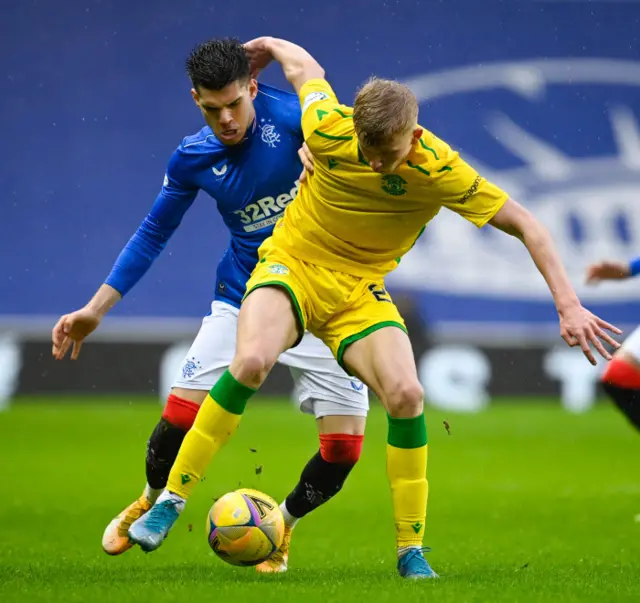 Rangers' Ianis Hagi and Hibernian's Josh Doig