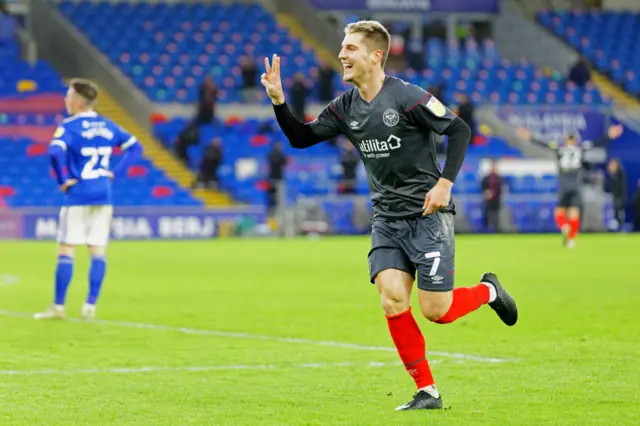 Sergi Canos celebrates his hat-trick