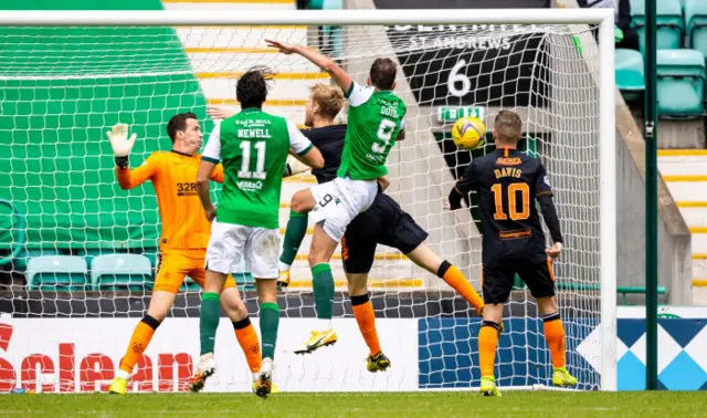 Christian Doidge nods home the equaliser at Easter Road in September