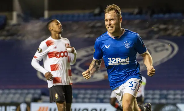 Scott Arfield celebrates after firing home Rangers third goal of the evening