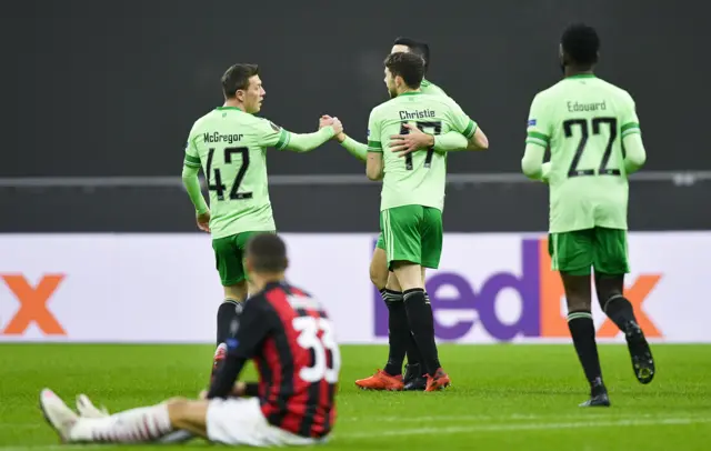 Celtic celebrate Tom Rogic's opener at the San Siro