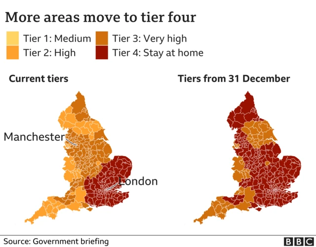 Graphic showing which areas of England are in which tier