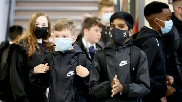 Primary-aged children in masks