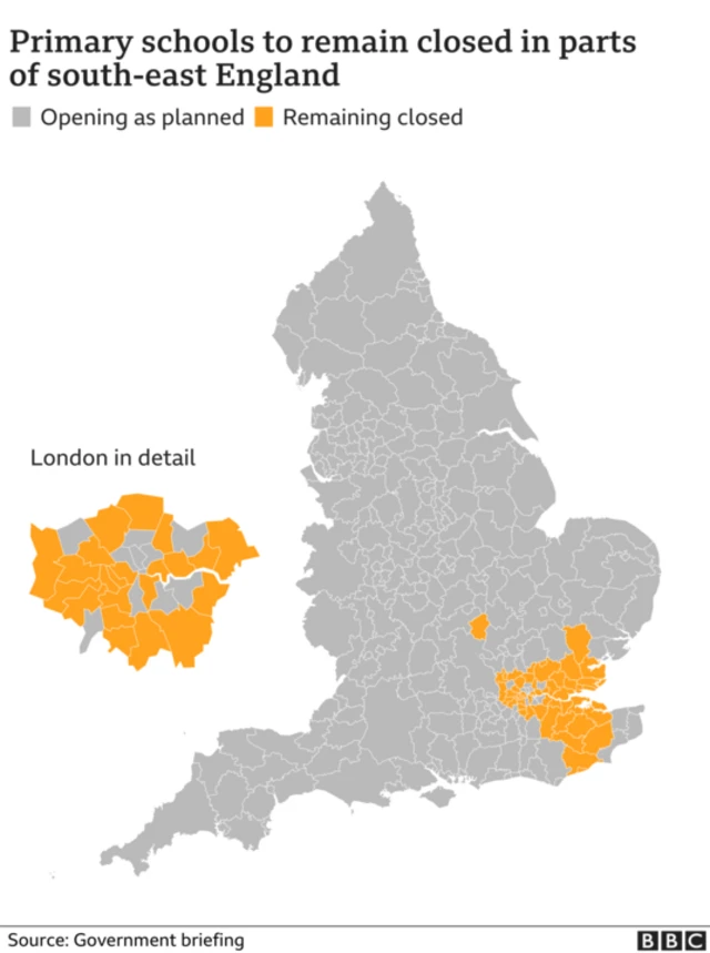 Graphic showing areas where primary schools will close to most pupils until 18 January