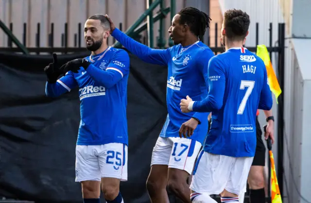 Kemar Roofe (left) celebrates for Rangers