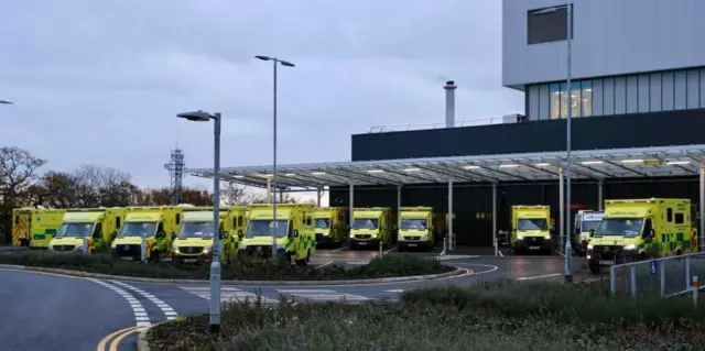 Ambulances parked outside the new Grange University Hospital in Cwmbran