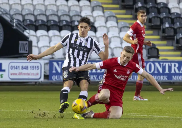 Lewis Ferguson (right) was booked for this challenge on St Mirren's Jamie McGrath