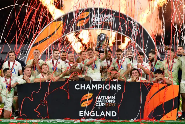 England celebrate with the Autumn Nations Cup trophy