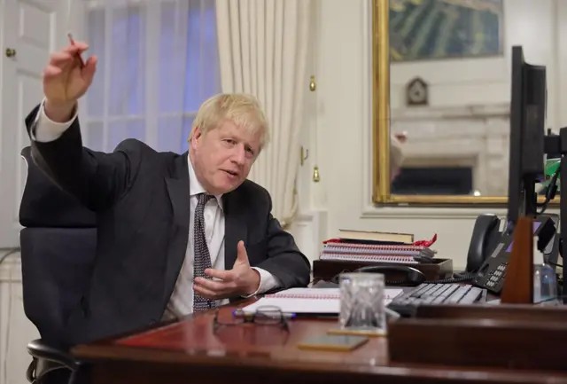 Boris Johnson pictured earlier during his phone call with Ursula von der Leyen