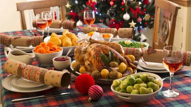 A Christmas dinner on a table